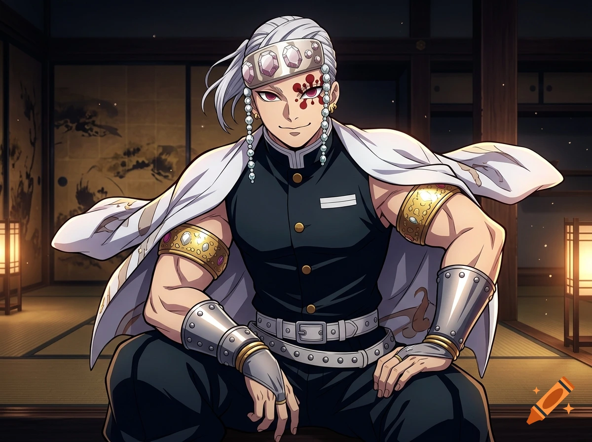 Anime style illustration of Hashira Tengen Uzui sitting down in a traditional Japanese room.