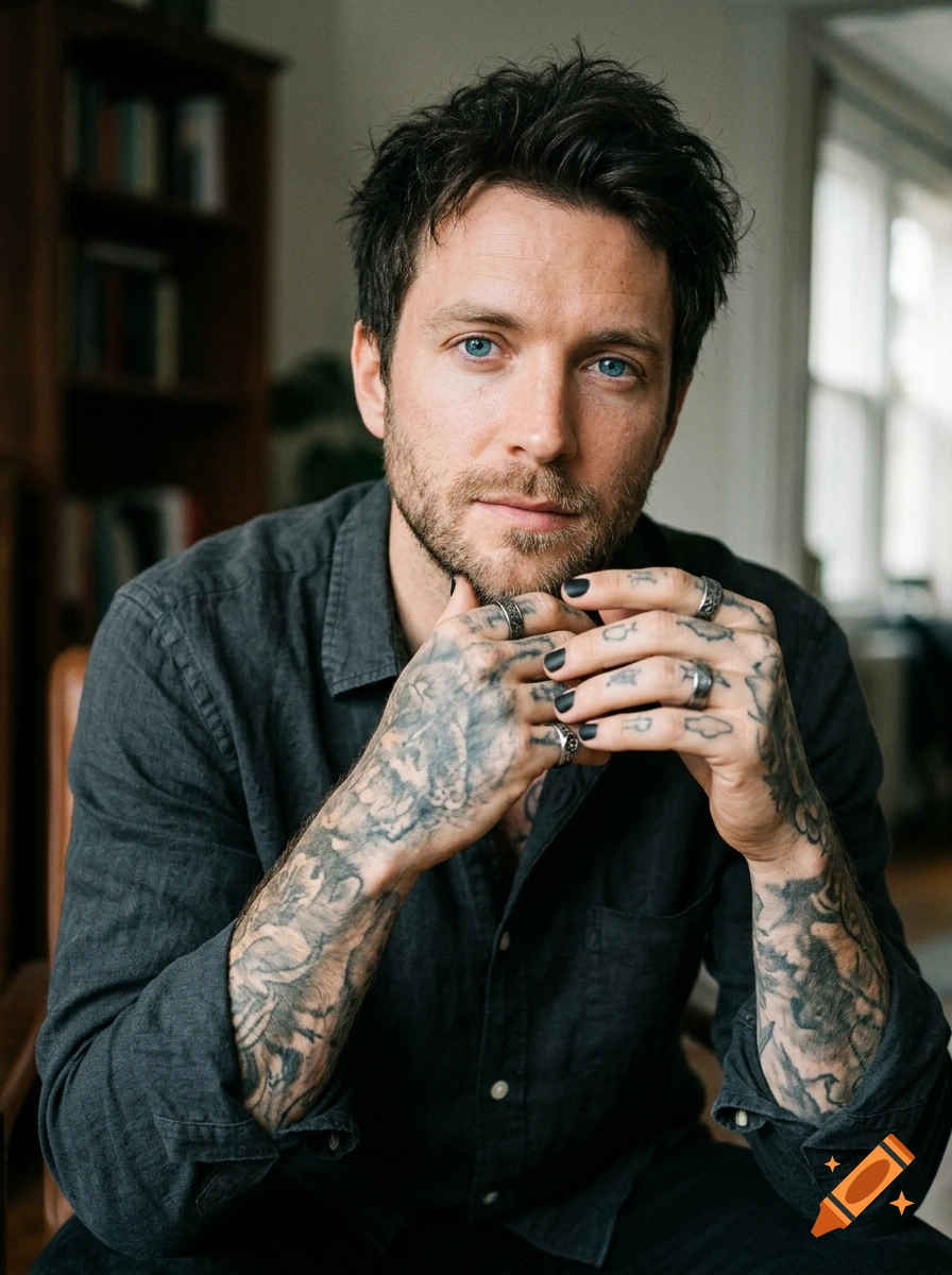 Close-up portrait of a light-skinned man with striking blue eyes, dark tattoos on his hands and arms, and black nail polish. Photorealistic style.