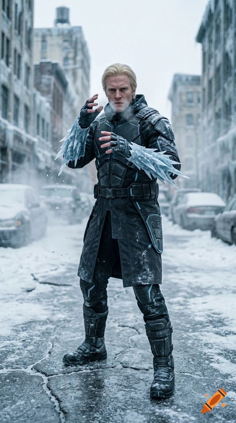 Photorealistic tall Nordic supervillain with ice powers and spiky ice gauntlets ready to fight on a snowy city street.