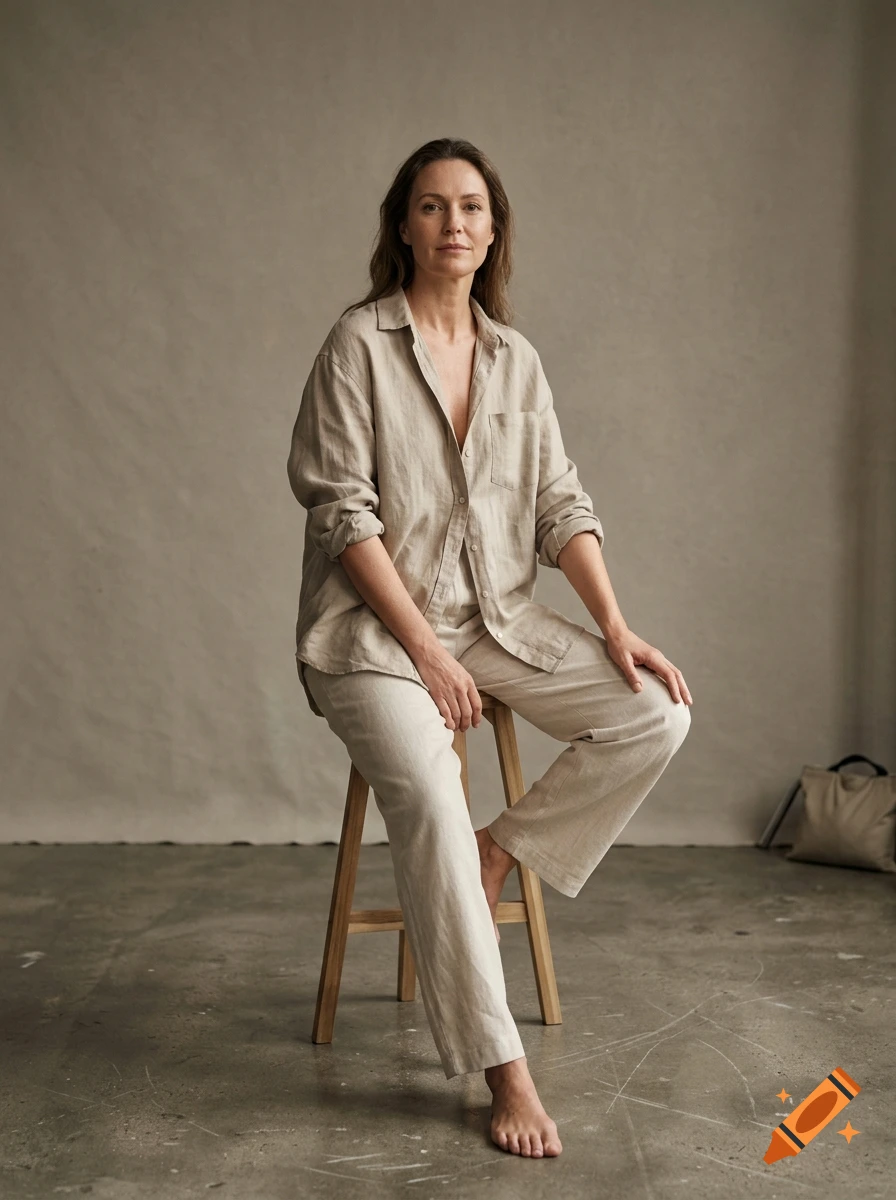 Photorealistic full-body portrait of a woman sitting on a wooden stool in a relaxed pose wearing a light linen shirt and pants.