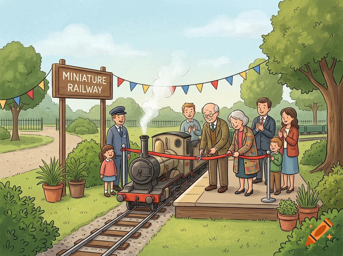 Illustration of a ribbon cutting ceremony for a miniature railway with people, a small train, and a wooden sign.