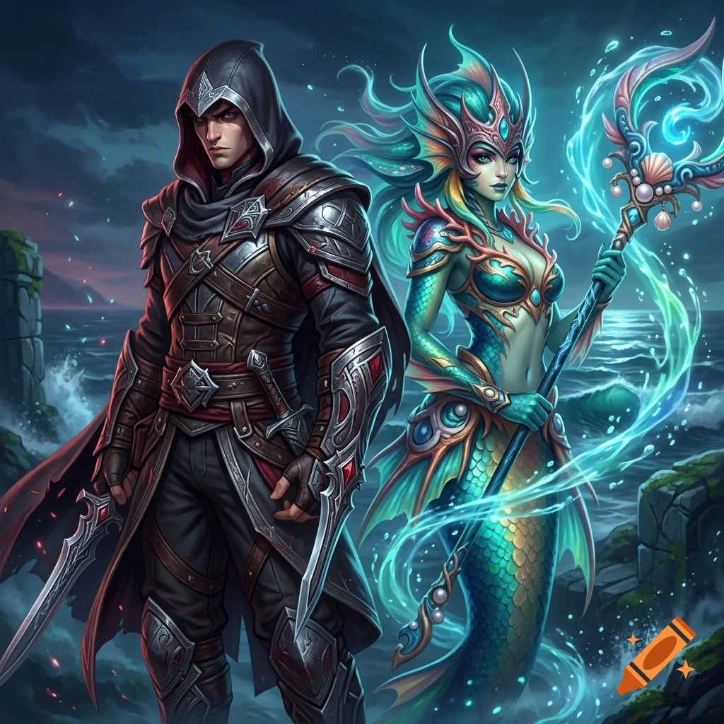 Fantasy digital illustration of Talon and Nami from League of Legends standing together near the sea.