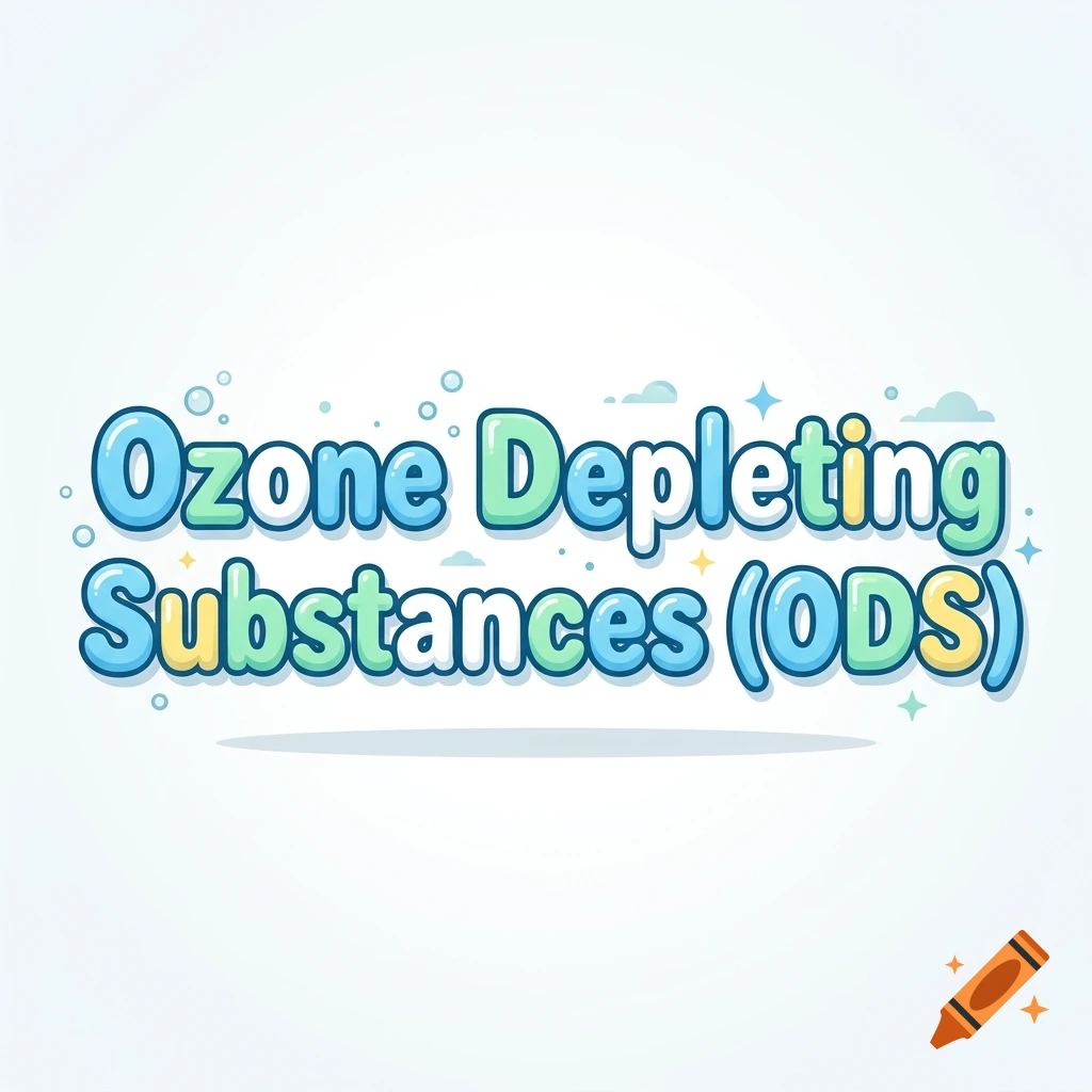 A graphic design featuring bubble-style lettering that reads Ozone Depleting Substances (ODS) in shades of blue and green against a plain white background.
