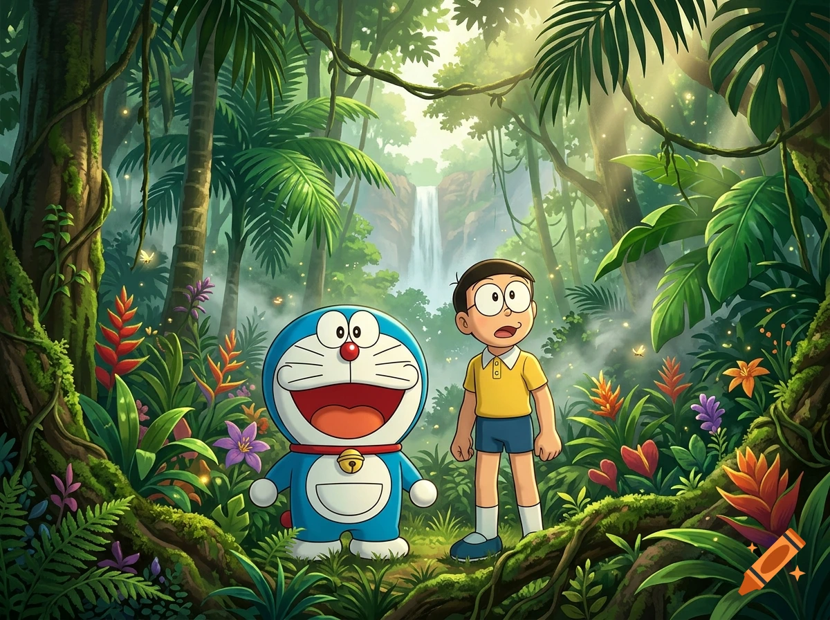 Doraemon and Nobita exploring a lush, dense tropical rainforest with a waterfall in the background.