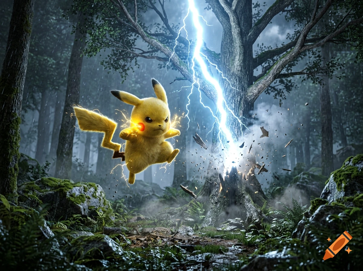 Photorealistic image of Pikachu leaping in a lush green forest, summoning a massive lightning bolt that strikes a giant tree.