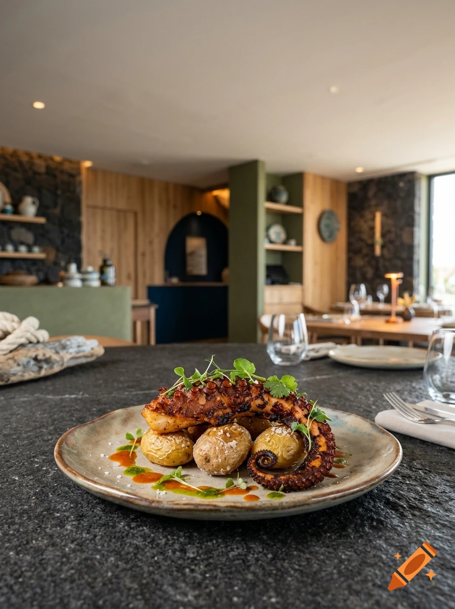 A gourmet dish of grilled octopus tentacle served with small roasted potatoes on a rustic plate, set in a modern restaurant.