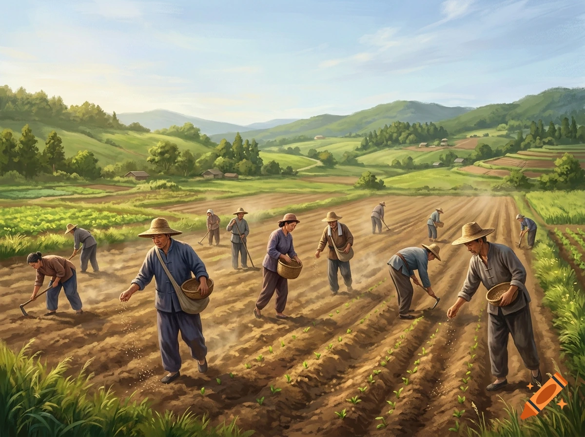 Farmers wearing straw hats planting and tending crops in a rural agricultural landscape with rolling green hills.