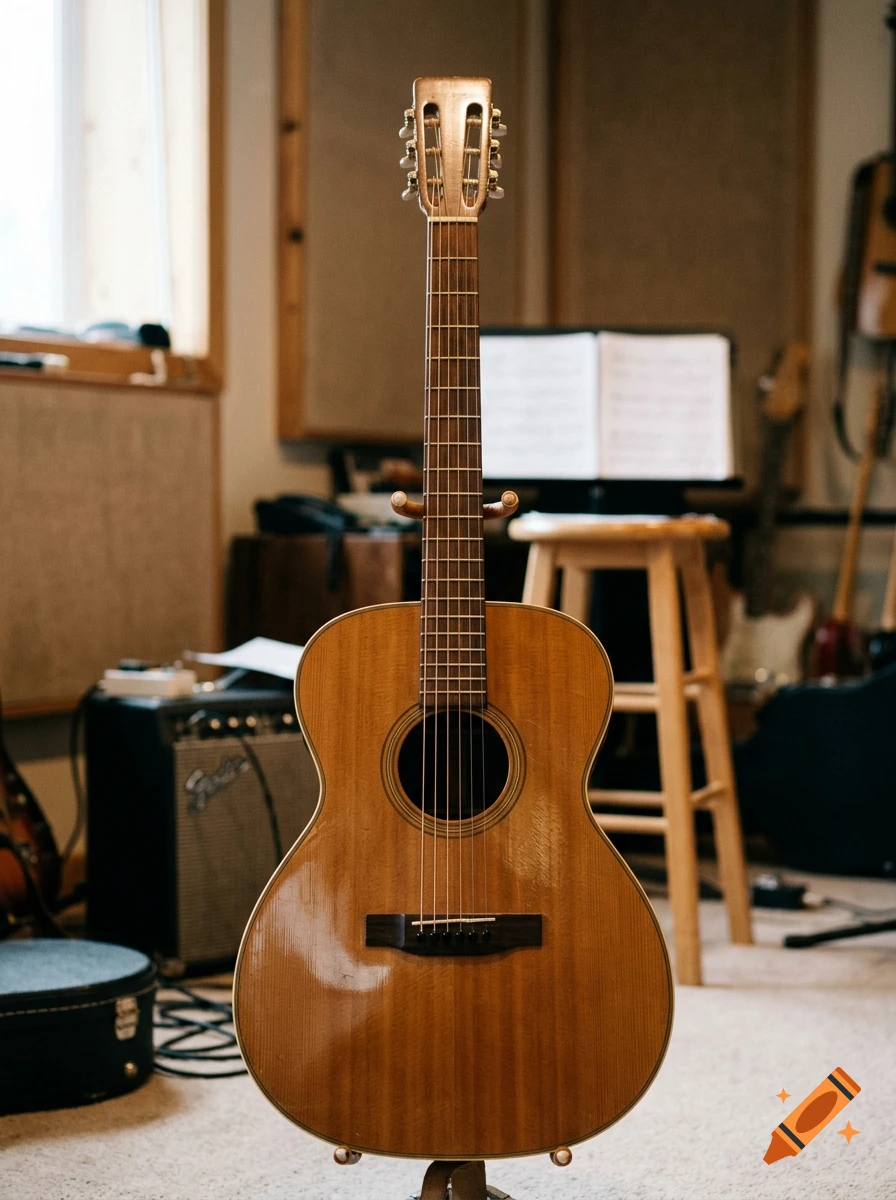 Close-up photorealistic shot of an acoustic guitar standing upright in a music room.