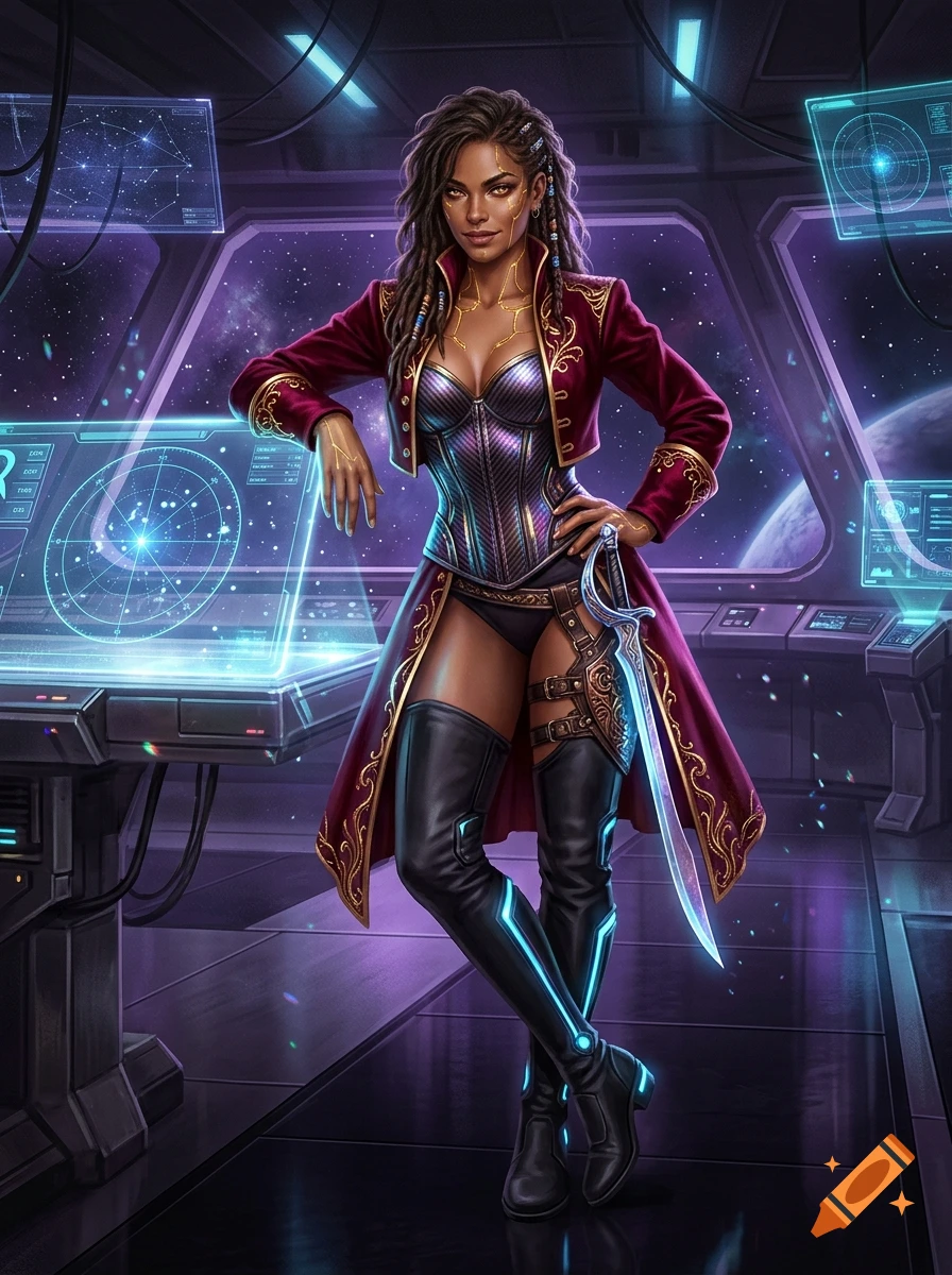 Digital illustration of a confident space pirate captain with dark hair, cybernetic enhancements, and a futuristic sword on a spaceship bridge.