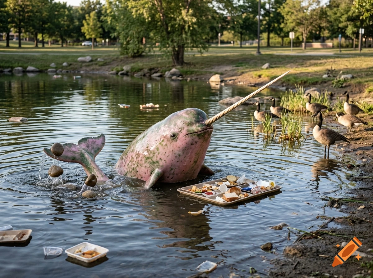 A pink and green narwhal in a pond with a cafeteria tray of food and rocks, surrounded by geese, photorealistic style.