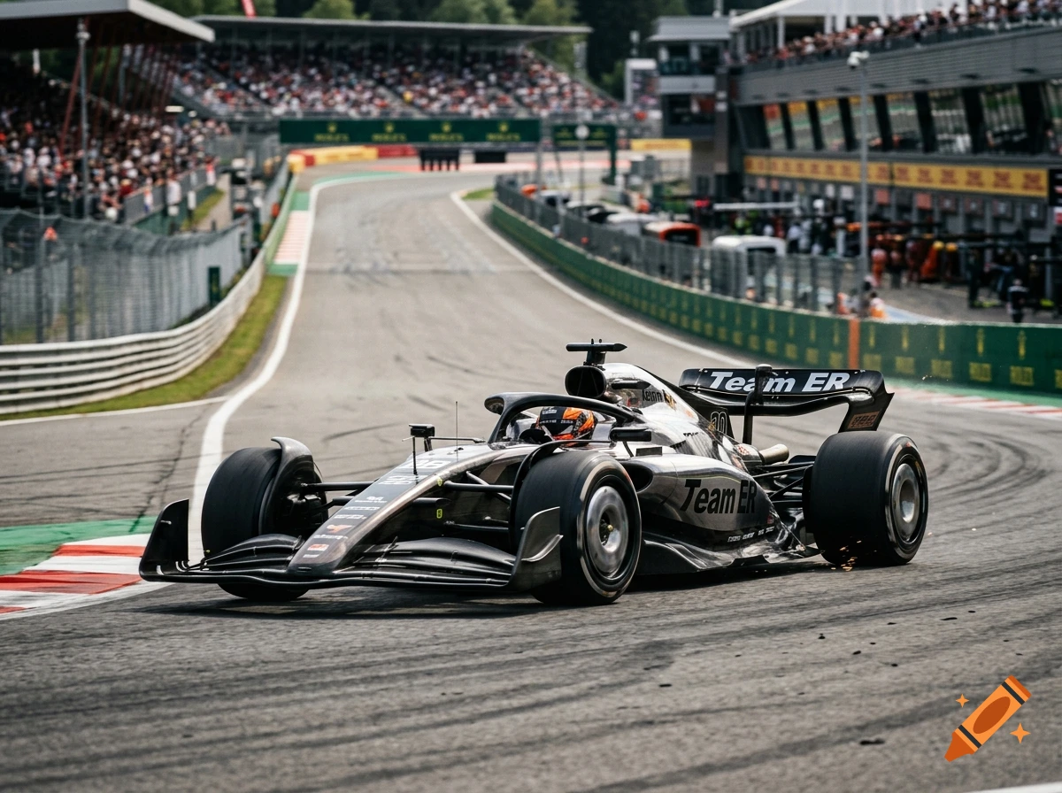 A formula racing car speeding along a track corner, with grandstands and pits visible in the background.