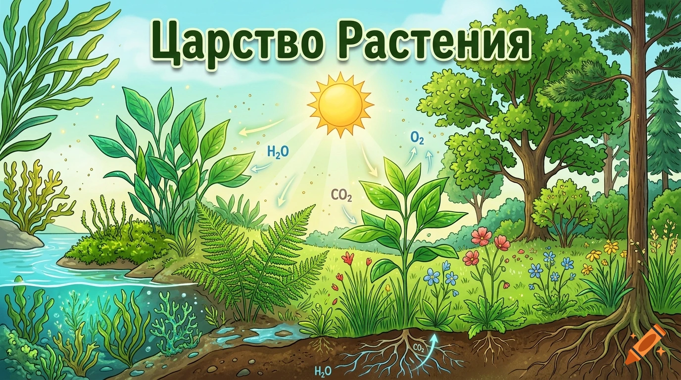 An educational cartoon illustration about the plant kingdom showing photosynthesis with water, carbon dioxide, sun, and oxygen, along with trees, flowers, and aquatic plants.