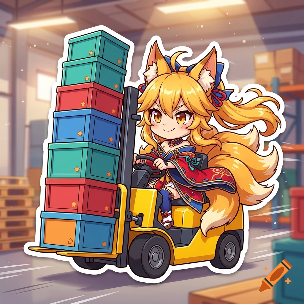 An anime-style character with fox ears driving a yellow forklift loaded with a tall stack of colorful crates in a warehouse.