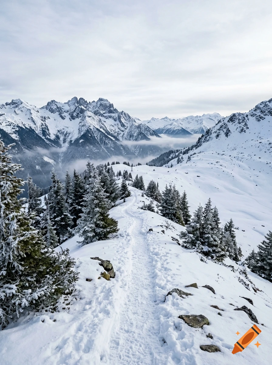 Snowy mountain trail winding through pine trees with distant snow-capped peaks under a cloudy sky.