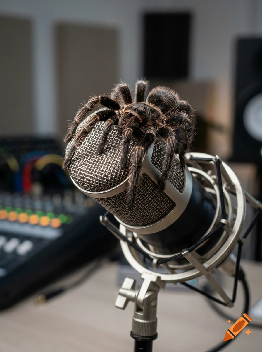 Photorealistic tarantula sitting on top of a studio microphone in a recording room.