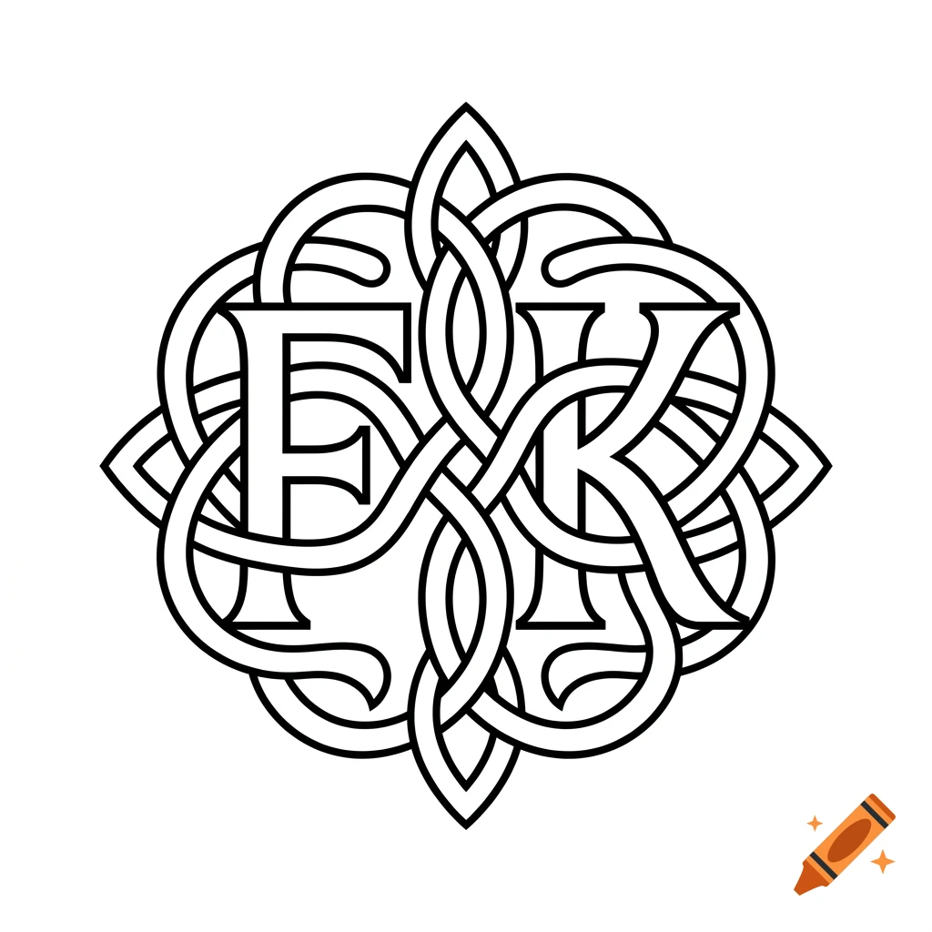 Black and white vector illustration of letters F and K intertwined in an endless Celtic knot design.