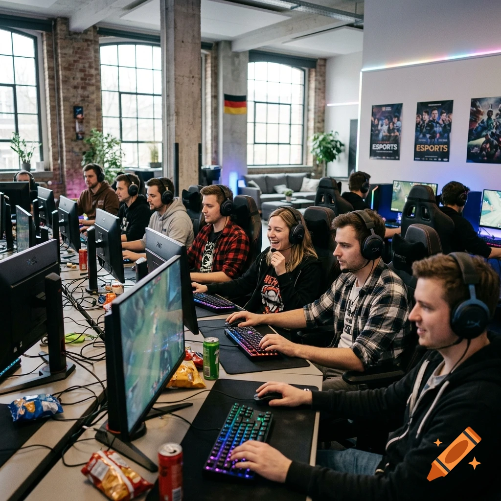 A group of people wearing headsets playing computer games at desks in a large room with computers and posters on the wall.