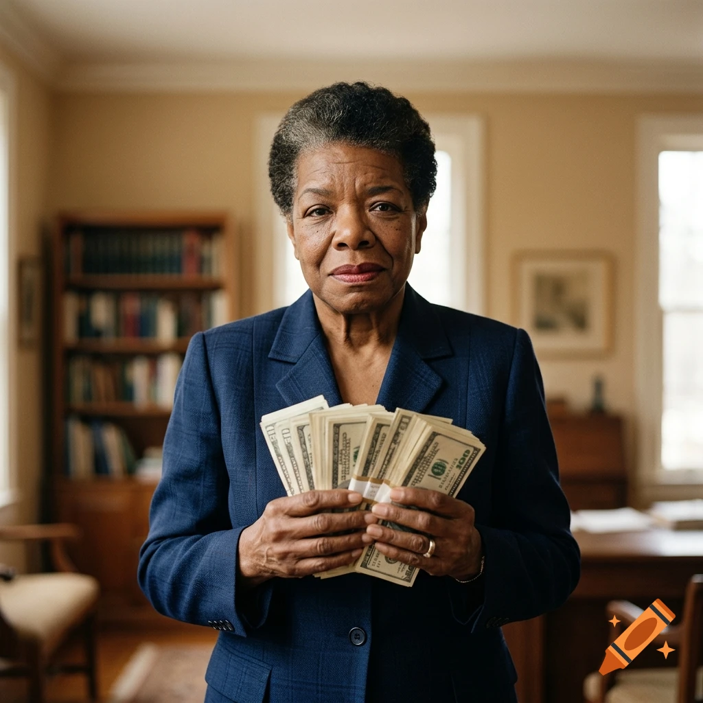 Photorealistic portrait of a woman resembling Maya Angelou holding stacks of money in an office setting.