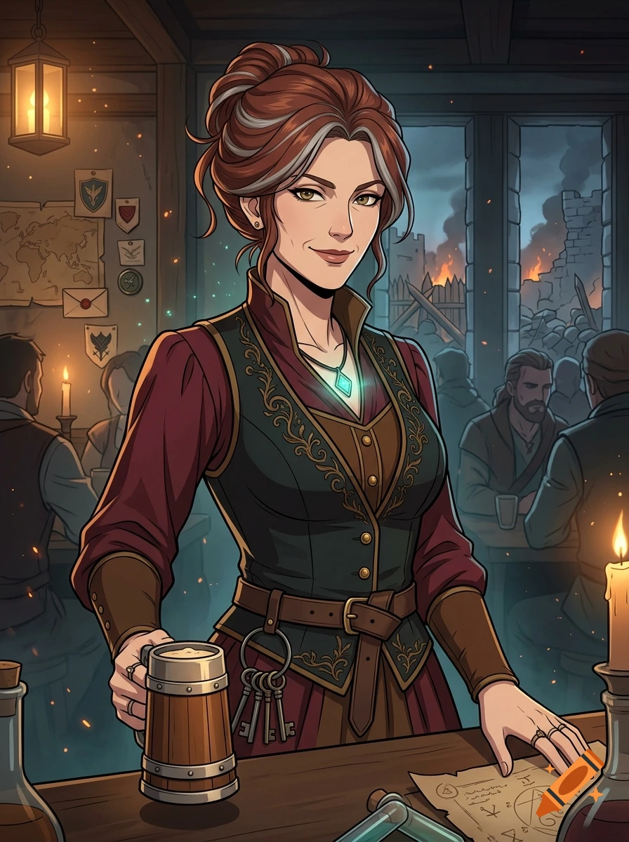 An illustration of a tavern keeper holding a mug of ale inside a rustic tavern.