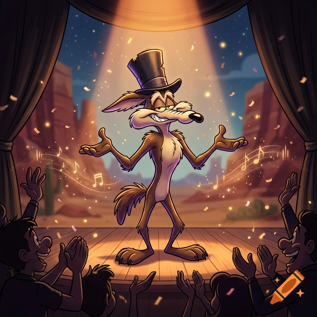 Cartoon wolf wearing a top hat performing on a stage with a cheering audience, in a classic animation style.