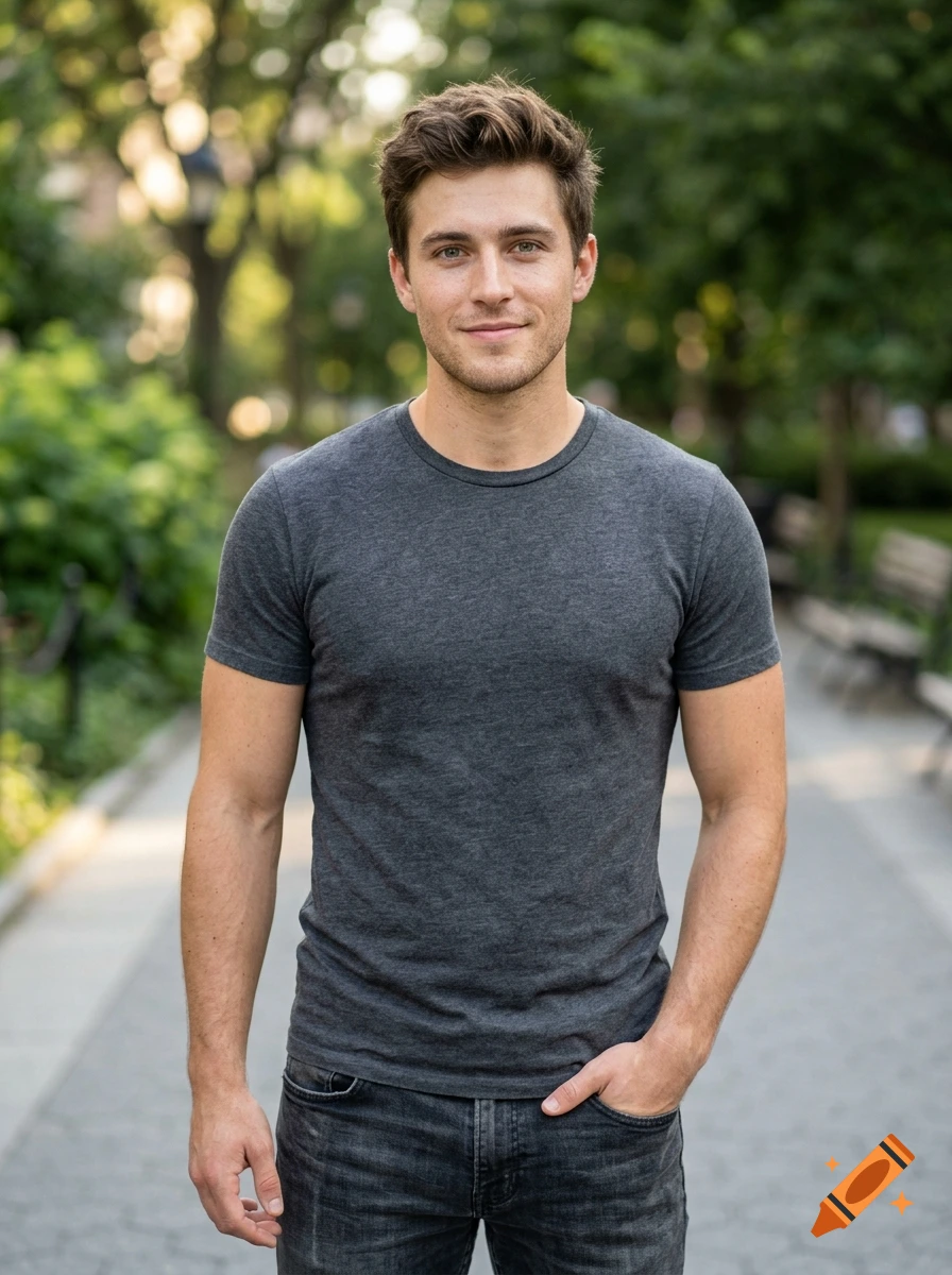 Photorealistic portrait of a young man with brown hair and green eyes wearing a dark grey t-shirt outdoors in a park.