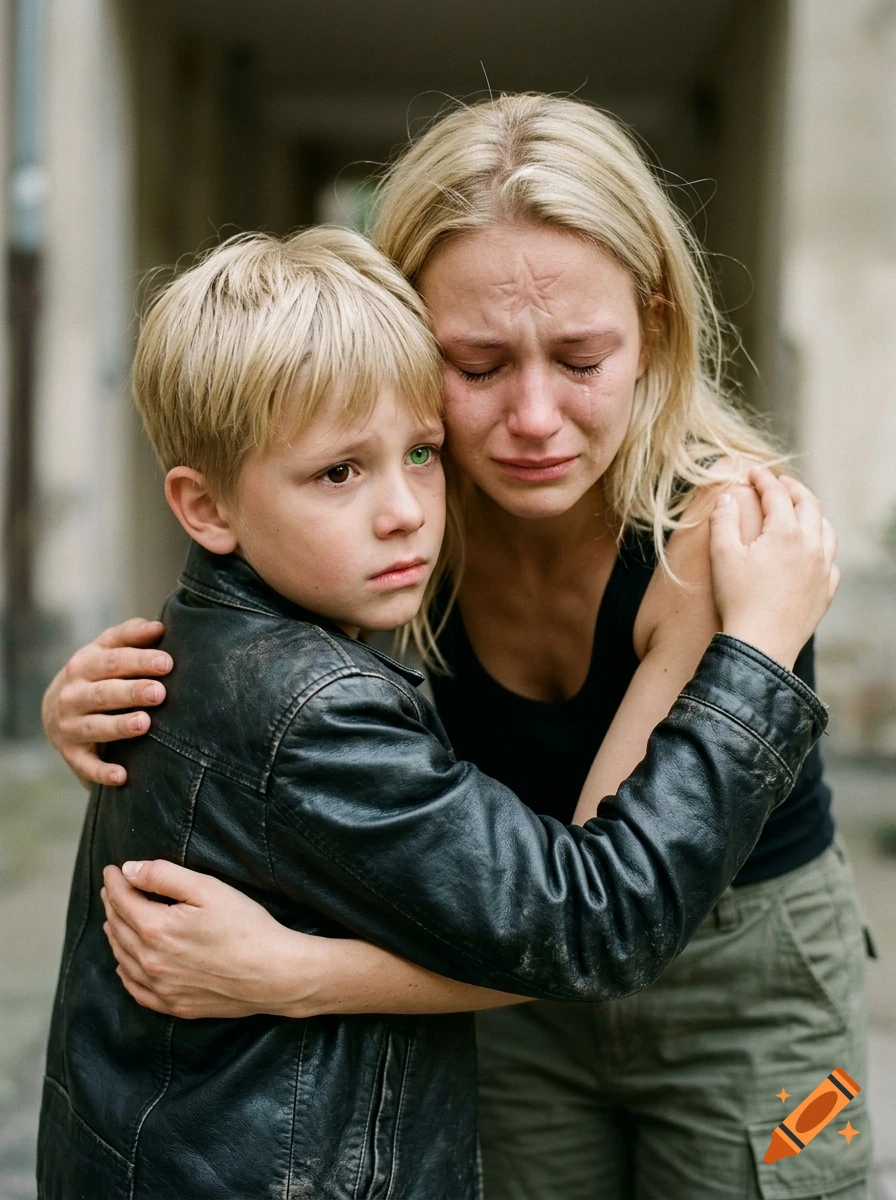 Photorealistic close-up of a blonde woman crying and hugging a young blonde boy with heterochromia in an outdoor setting.