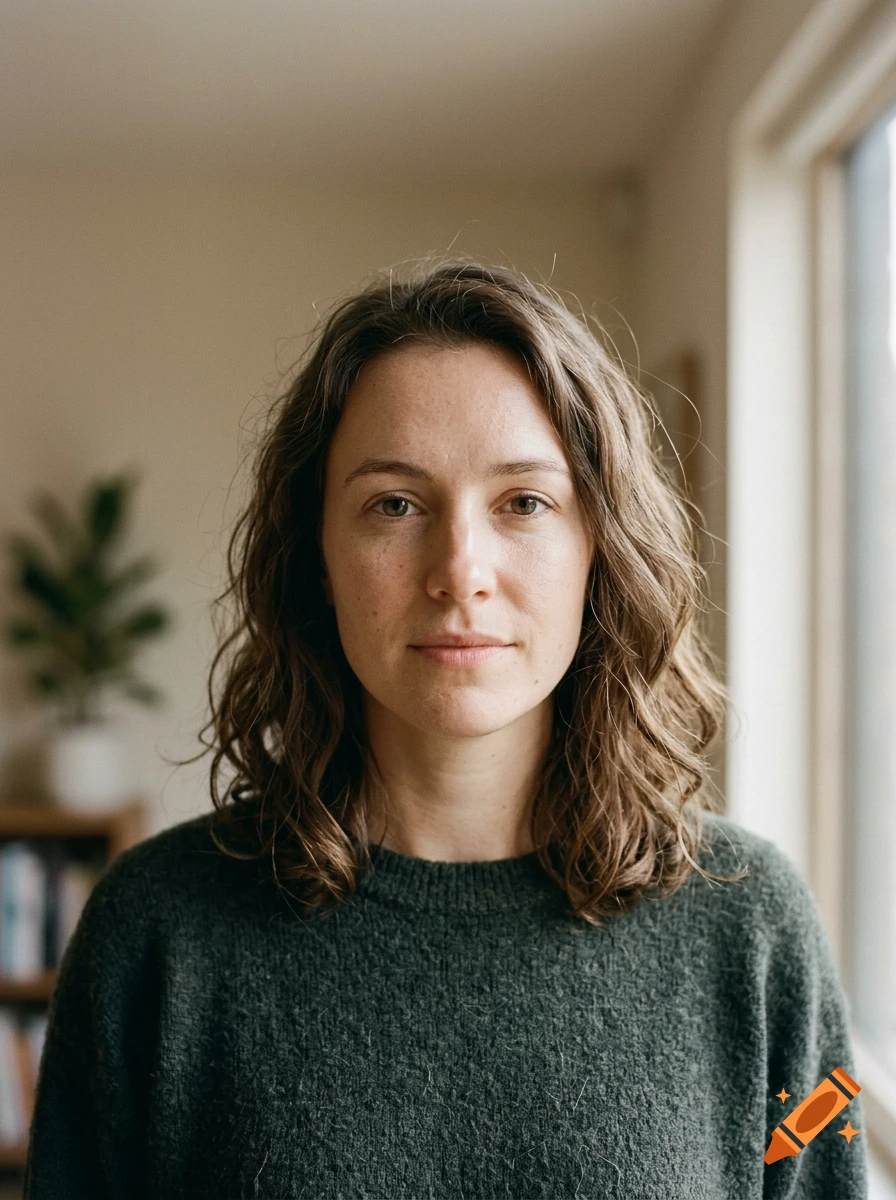 Close-up portrait of a woman with shoulder-length wavy brown hair, wearing a dark green sweater, indoors near a window.