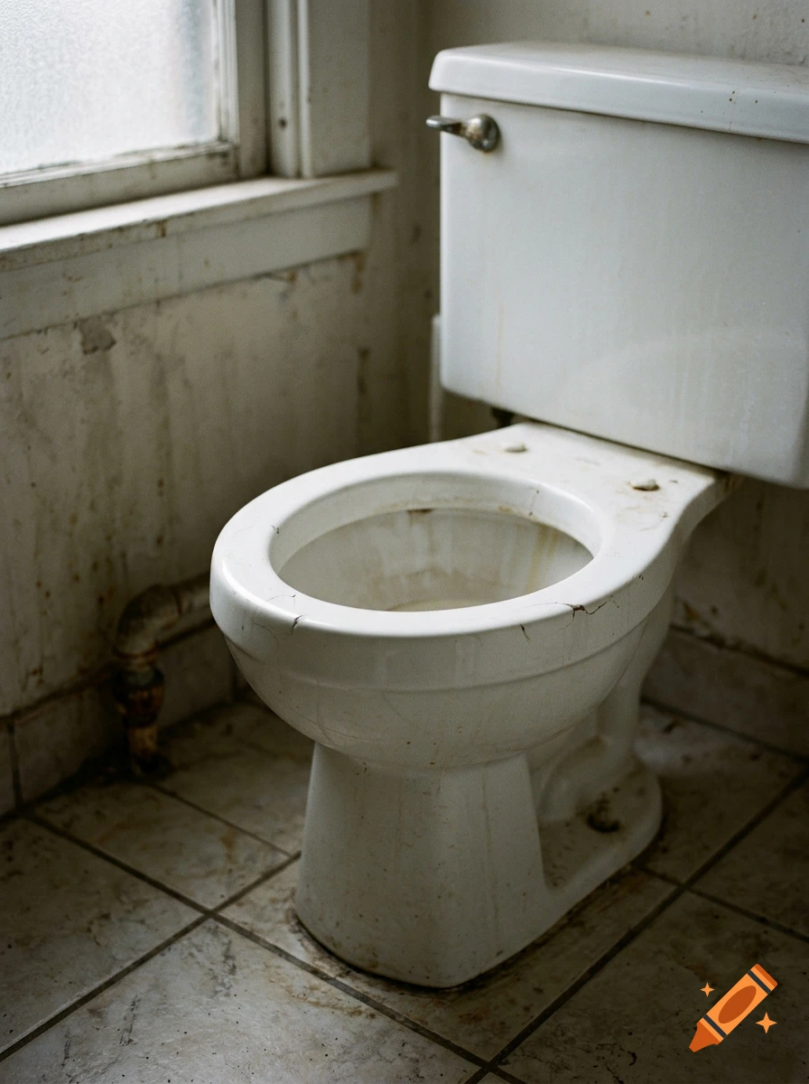 A close-up photorealistic shot of an old, distressed, and stained white toilet in a run-down bathroom with tiled floor and weathered wall.