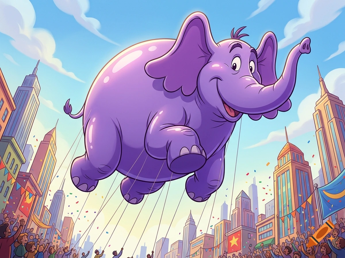 A purple elephant parade balloon floating above a cheering crowd in a city street, 90s cartoon style.
