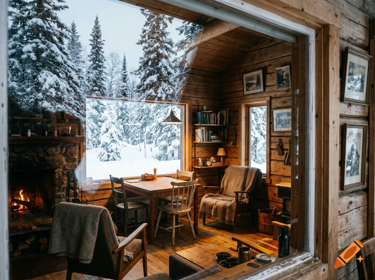 A cozy, rustic wooden cabin interior with a warm fireplace, dining table, and armchair, looking out a large window at a snowy forest landscape.