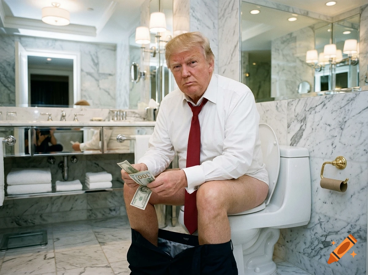 Photorealistic image of Donald Trump sitting on a toilet in a luxury bathroom, holding money.