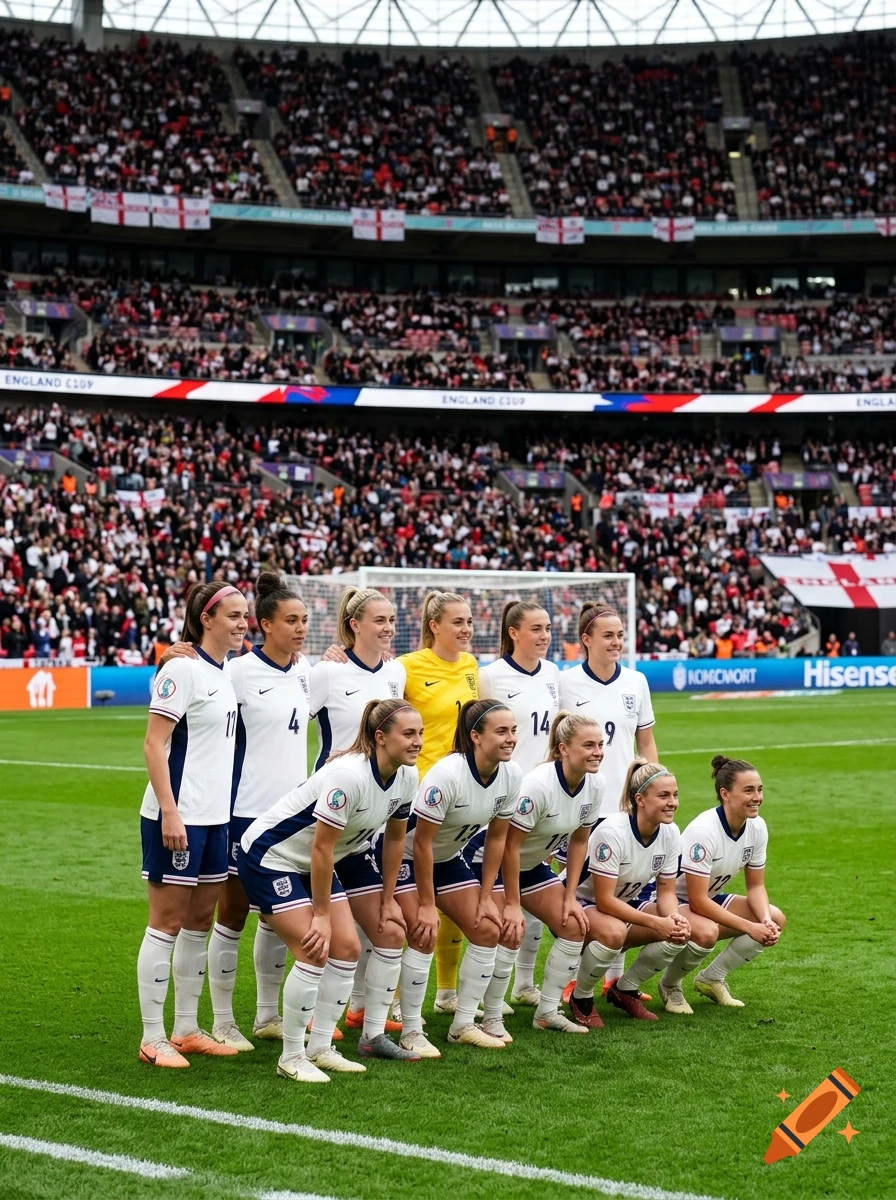 Group photo of the England women's football team standing and squatting on a pitch in a crowded stadium.