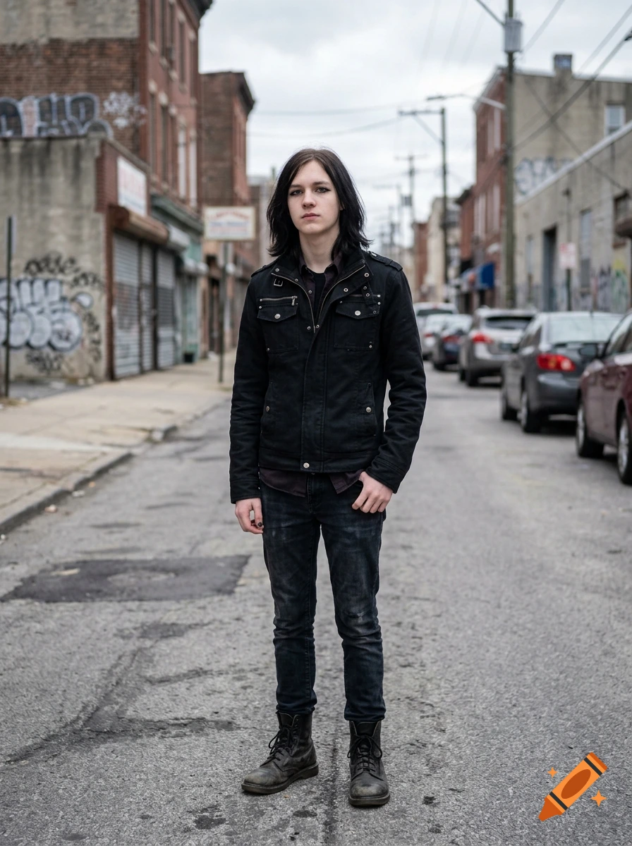Photorealistic full-length portrait of a goth teenager standing on a city street.