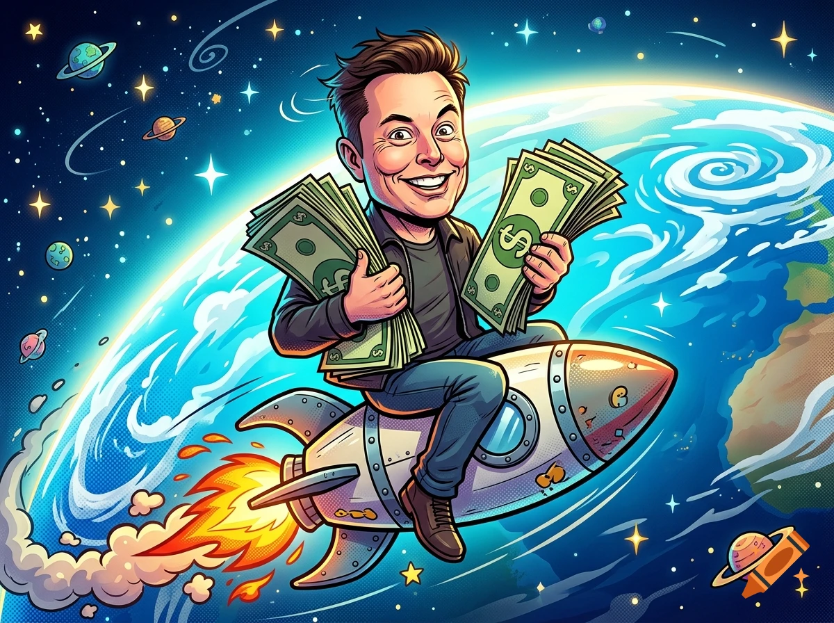 Comic illustration of Elon Musk smiling and holding money bundles while riding a rocket through space with Earth in the background.