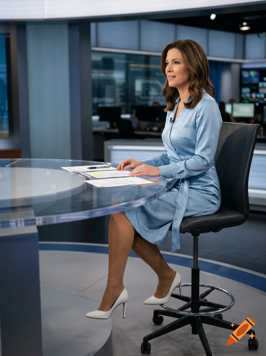 Photorealistic image of a female cable news anchor in a light blue satin dress sitting at a glass table.