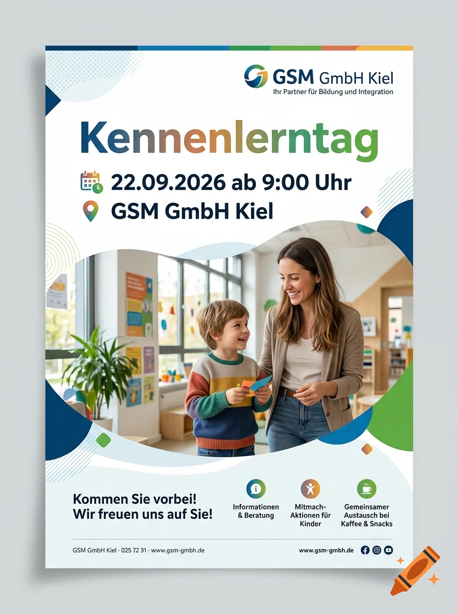 Flyer for a recruitment day at GSM GmbH Kiel featuring a smiling woman and child in a classroom.