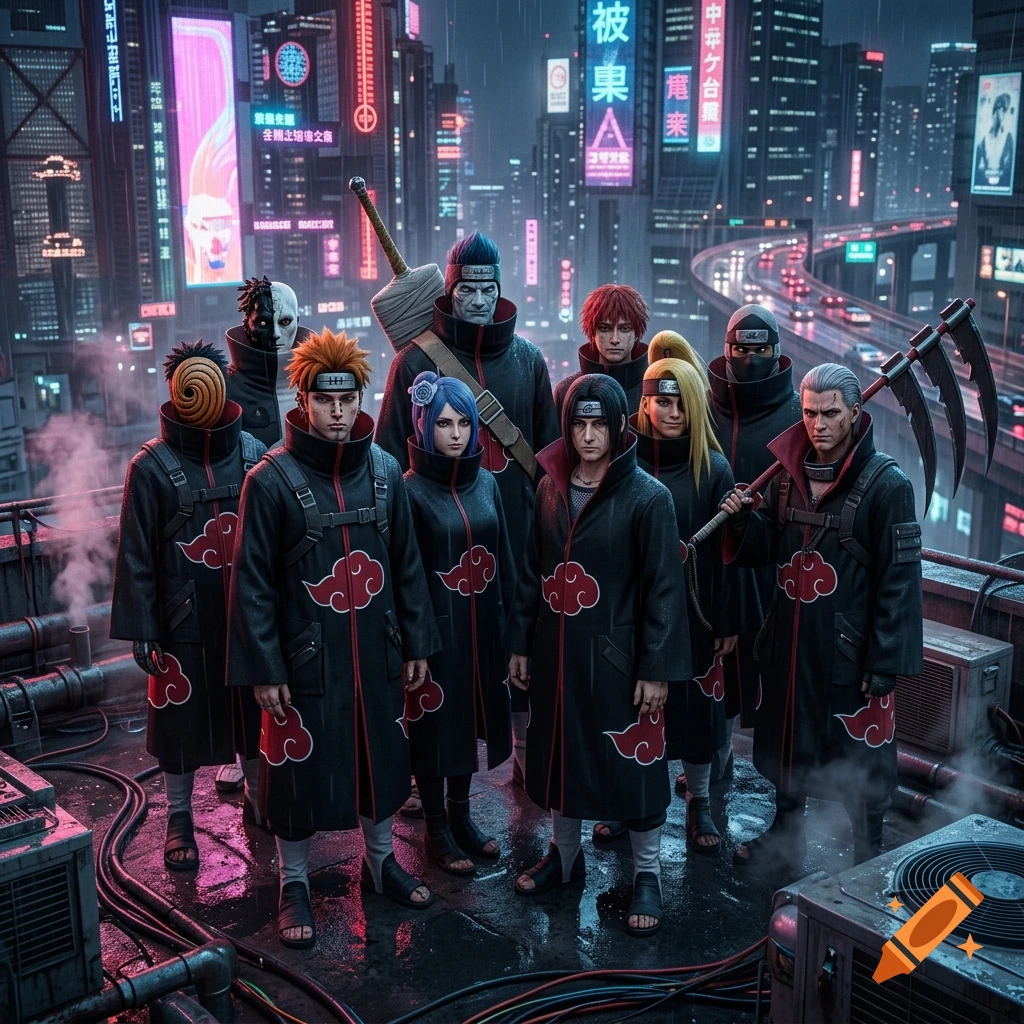 Realistic cyberpunk depiction of Akatsuki members from Naruto standing on a rooftop in a neon-lit futuristic city.