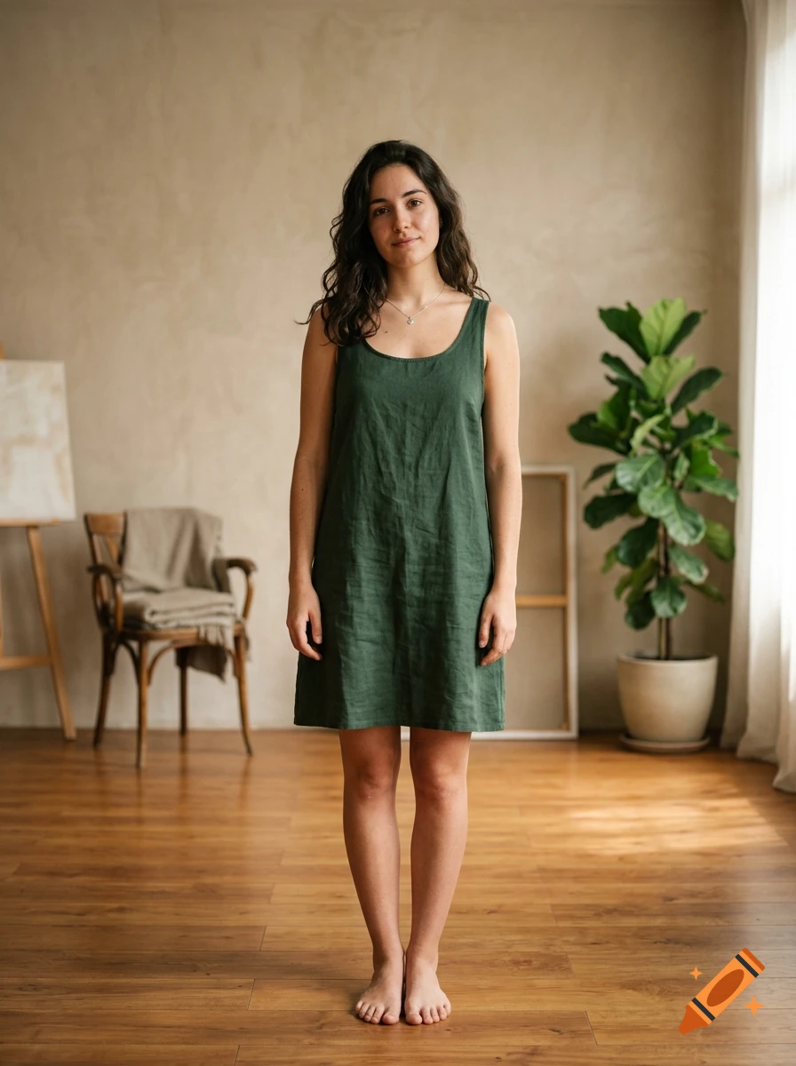 Photorealistic full-body portrait of a young woman standing in a minimalist room with a green linen dress.