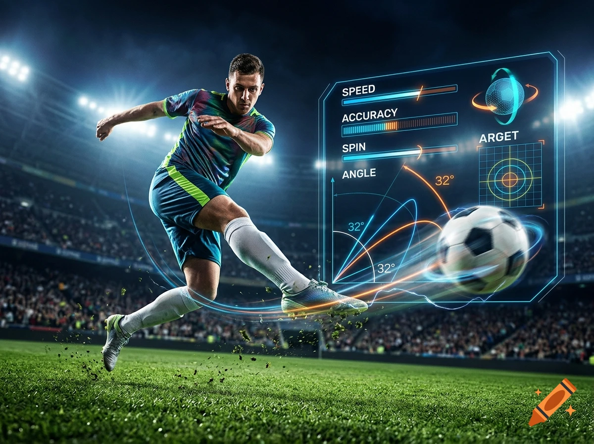 A soccer player kicking a ball on a brightly lit stadium field, with a digital HUD overlay analyzing speed, accuracy, spin, and angle.
