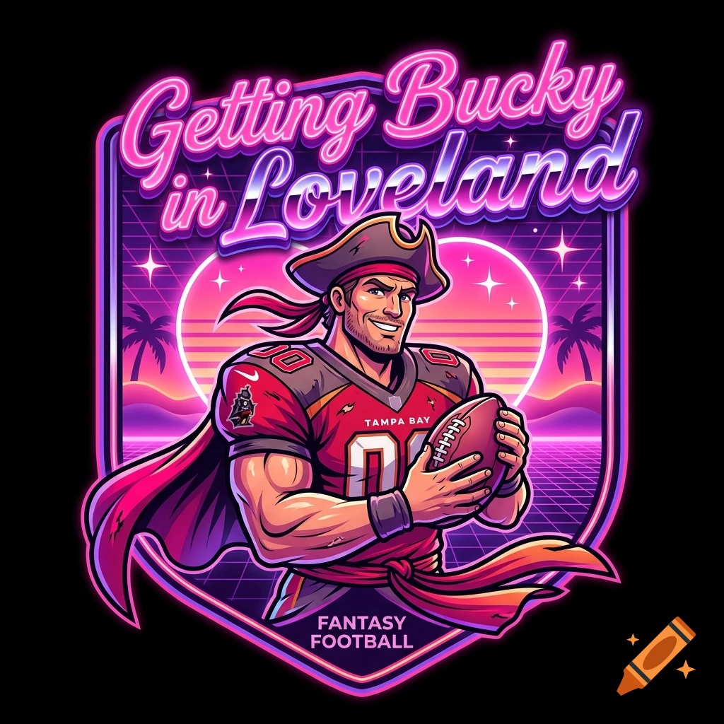 A bold cartoon-style fantasy football logo of a muscular pirate football player holding a football, with neon text.