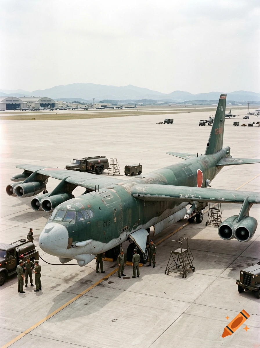 A large multi-engine military aircraft, a Boeing B-52 Stratofortress, parked on a concrete airfield with service vehicles and personnel nearby.