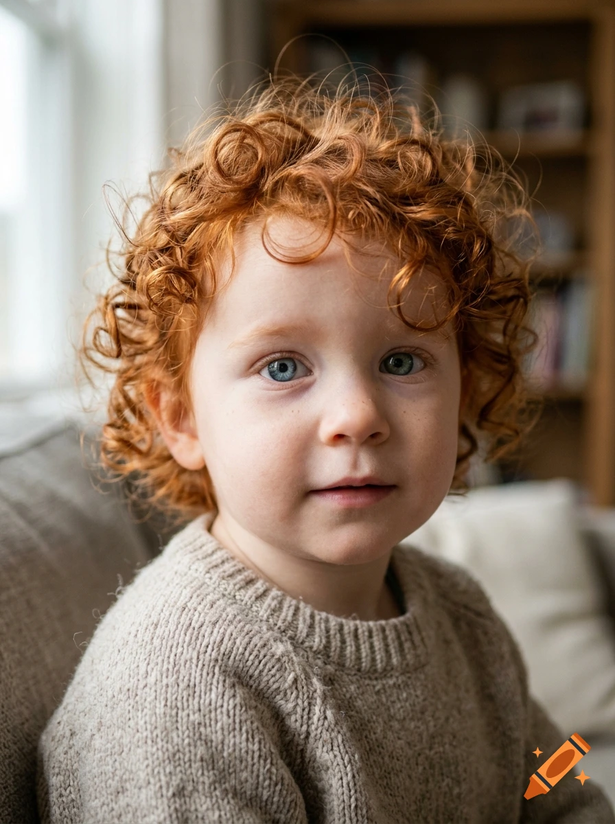 Close-up photorealistic portrait of a young toddler with curly red hair and heterochromatic eyes wearing a beige sweater.