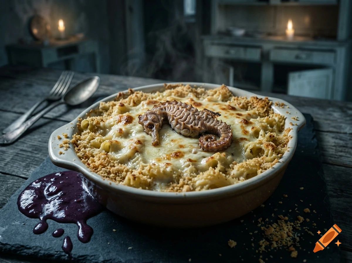 Baked pasta in a ceramic dish topped with a brain-like hippocampus and breadcrumbs, served with purple sauce on a dark table.