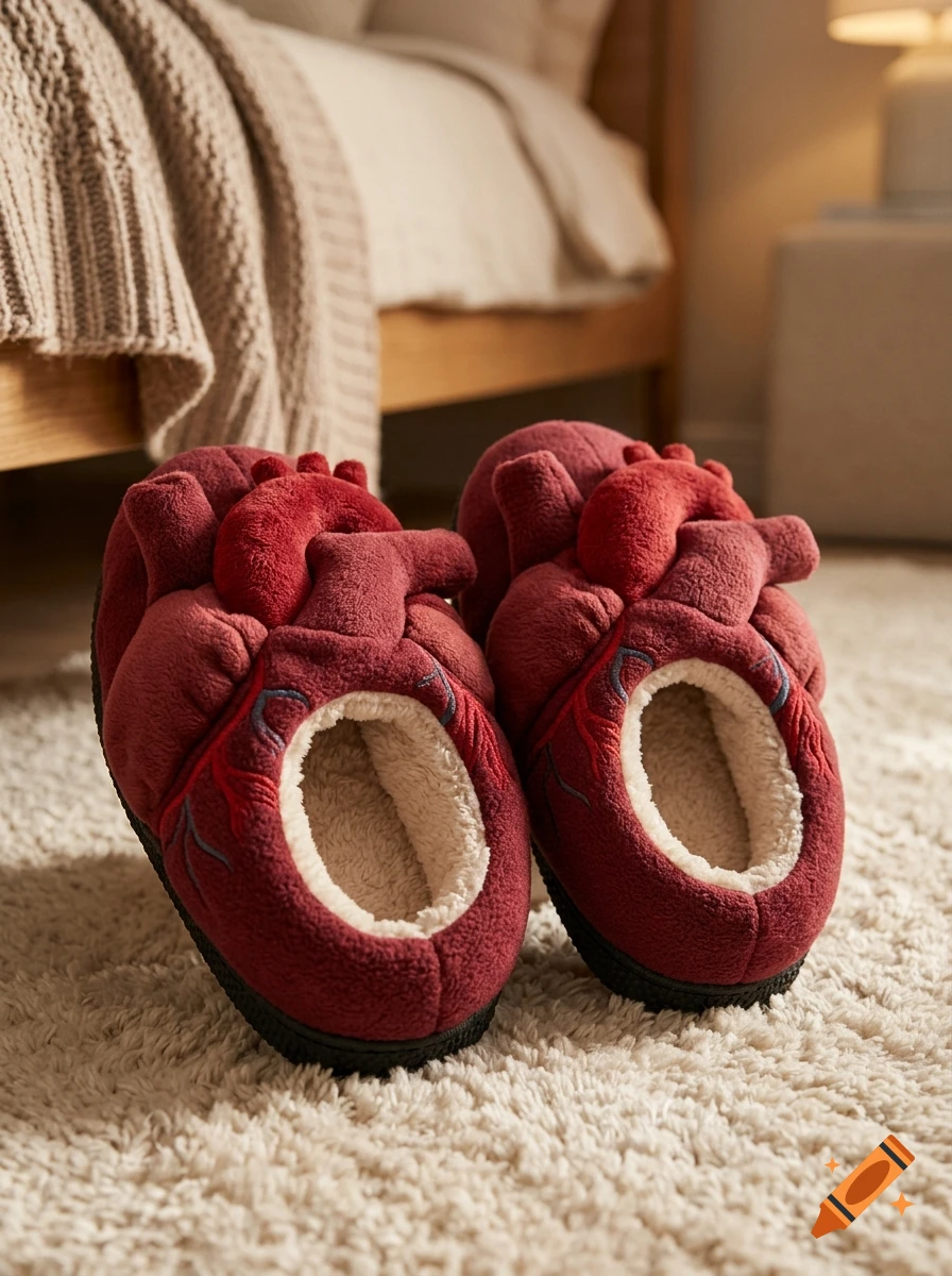 Cozy plush slippers shaped like anatomical human hearts resting on a carpeted floor in a bedroom.