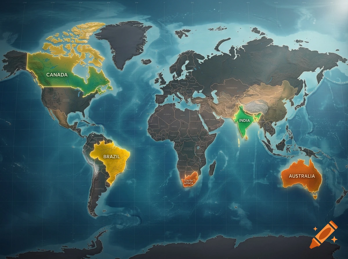Stylized world map with Canada, Brazil, South Africa, India, and Australia highlighted with glowing borders and country names.