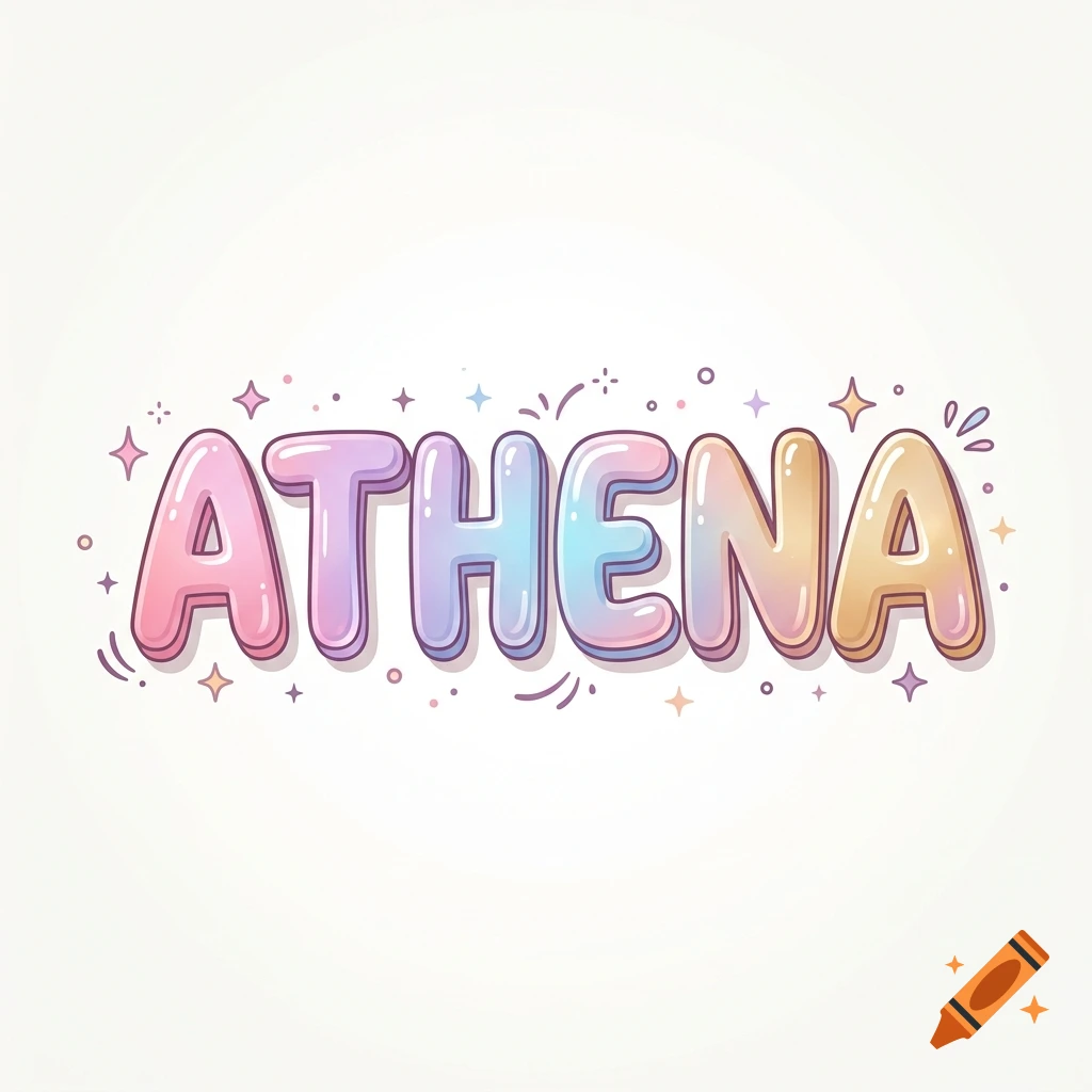 Pastel gradient bubble letters spelling 'ATHENA' decorated with little stars and sparkles.
