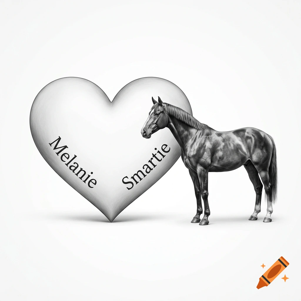 Black and white image of a horse standing next to a large heart with the names Melanie and Smartie written on it.
