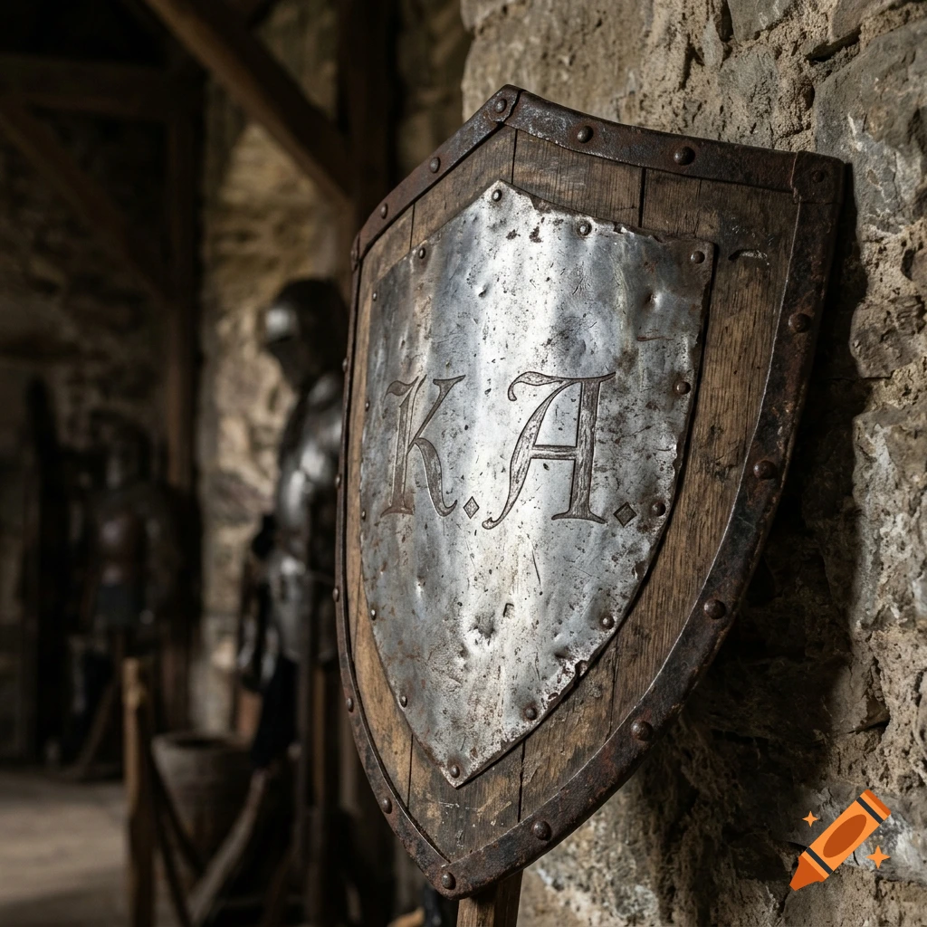 Close-up of a medieval wooden shield with a metal plate featuring initials K. A., mounted on a stone wall.