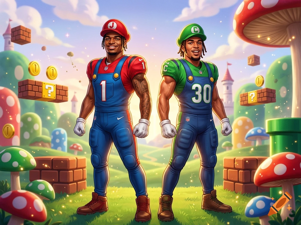 Two athletes dressed in video-game-inspired football uniforms standing in a fantasy landscape with mushrooms and floating blocks.