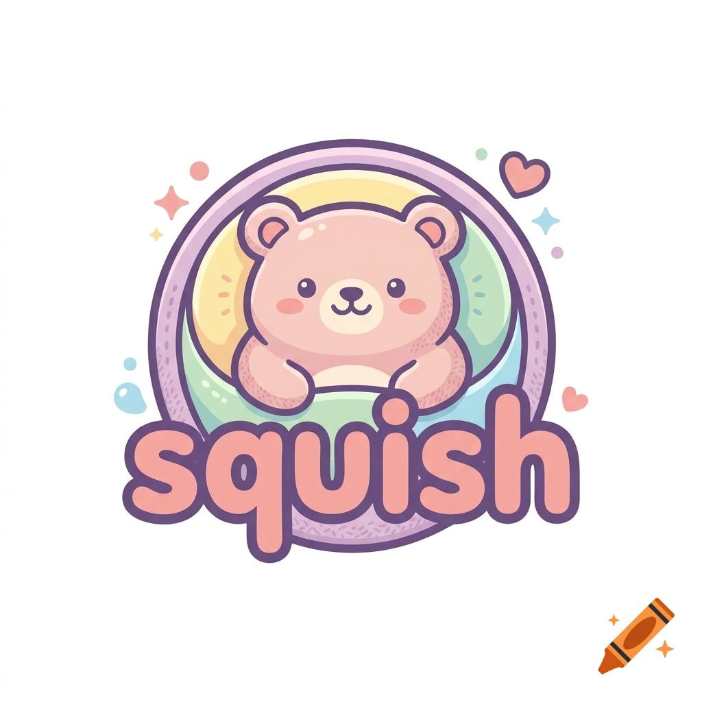A cute cartoon illustration of a pink bear inside a circular frame with the word Squish in front, surrounded by pastel stars, hearts, and bubbles.